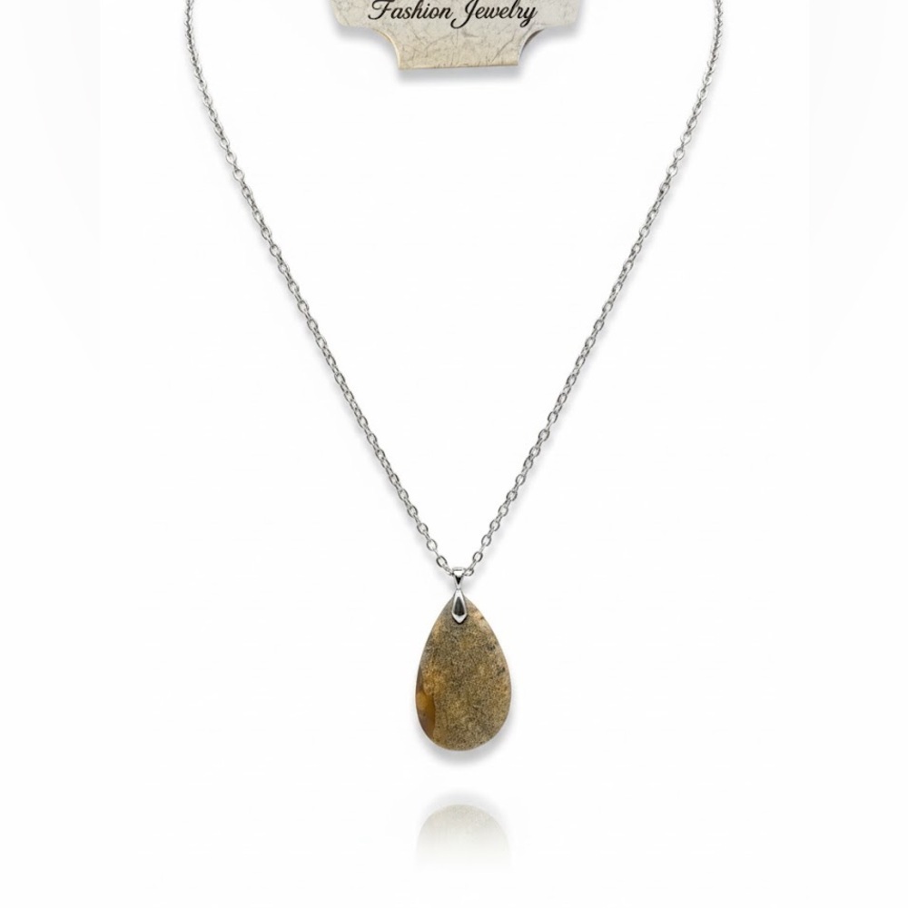 Fashion Jewelry Teardrop Pendant Necklace-Beige Brown Natural Stone Silver Chain - Picture 2 of 2